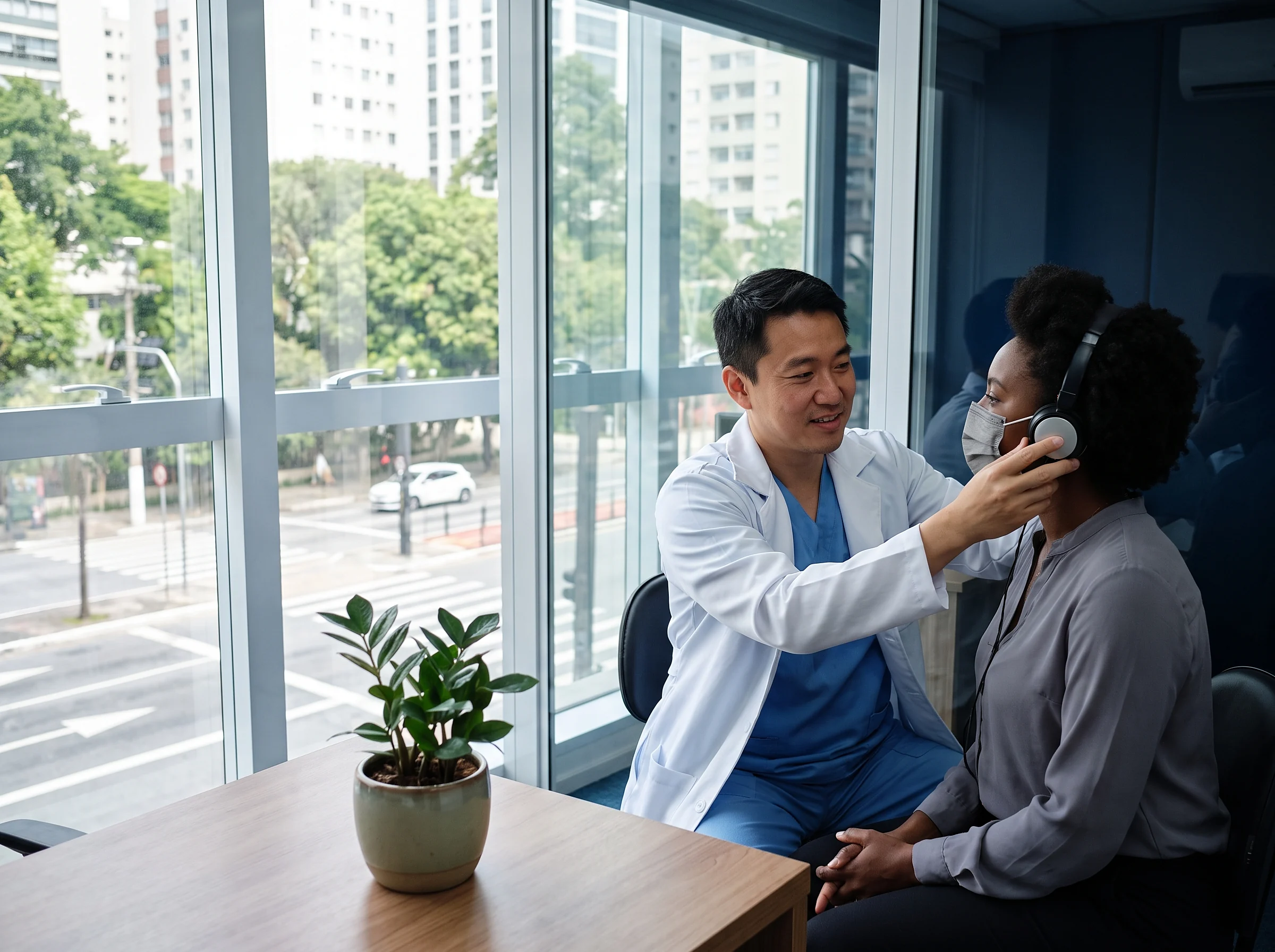 Médico realiza audiometria em colaboradora