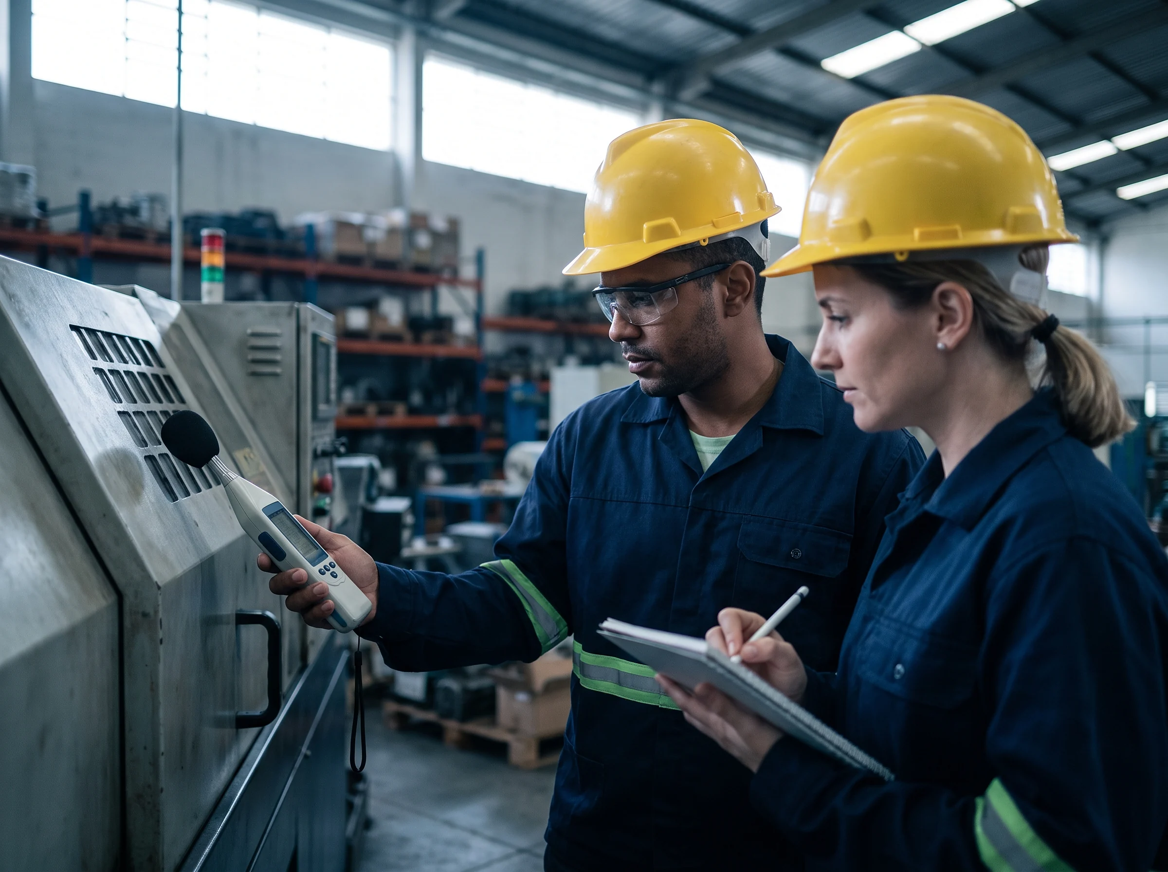 Técnico mede ruído em equipamento industrial